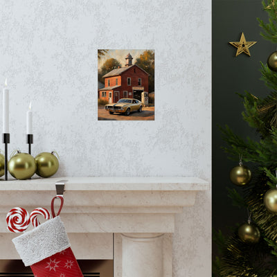 Vintage Car Wall Art featuring a classic car in front of a red building, perfect for home decor