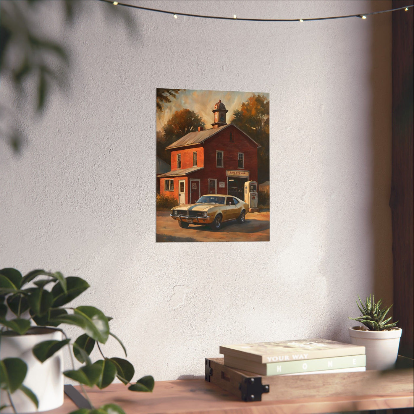 Vintage Car Wall Art featuring a classic car outside a rustic building with autumn colors