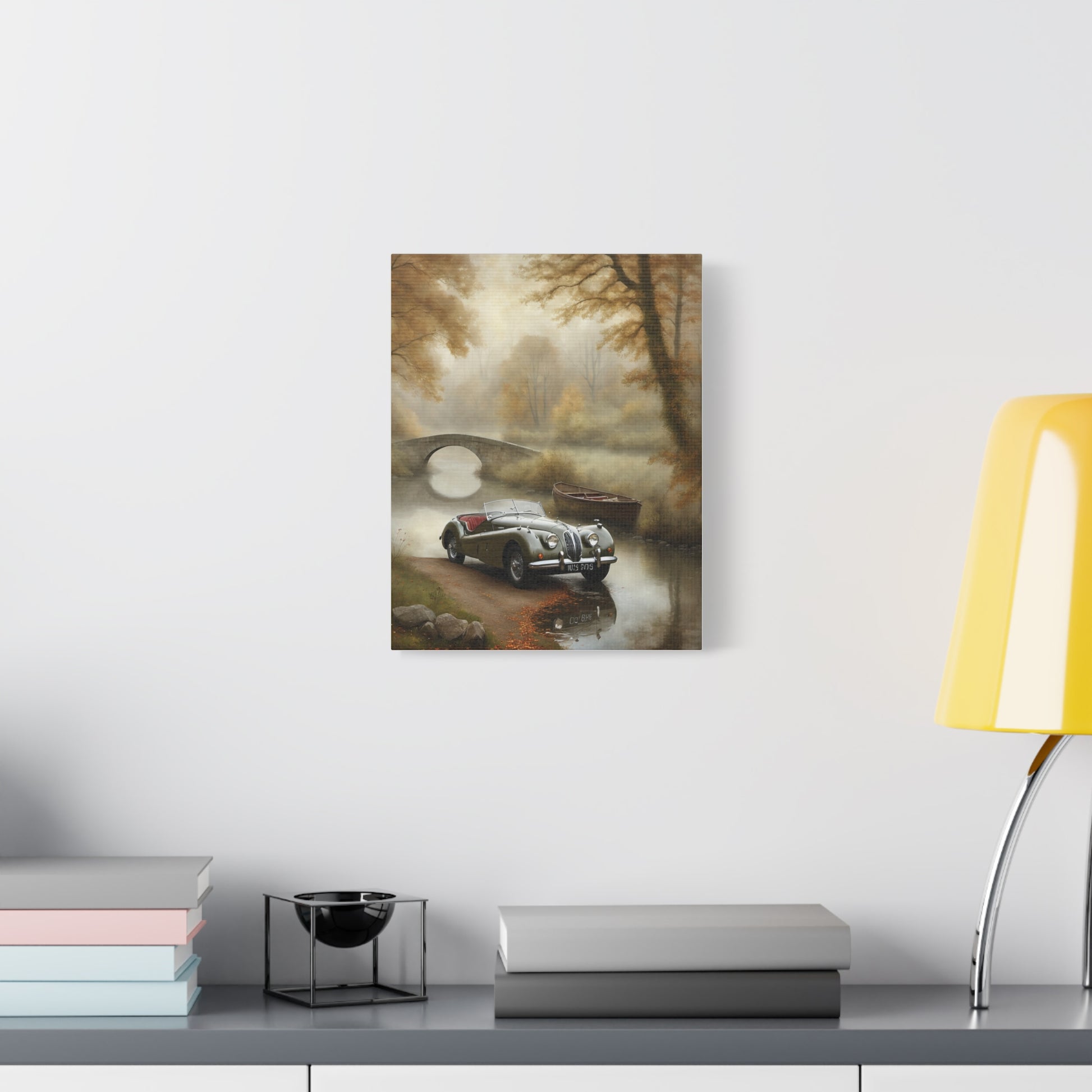Vintage Car Wall Art featuring a classic car near a serene bridge and autumn trees
