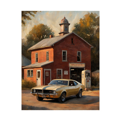 Vintage Car Wall Art featuring a classic yellow car parked in front of a rustic red building