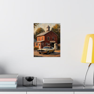 Vintage Car Wall Art featuring a classic car in front of a red barn house
