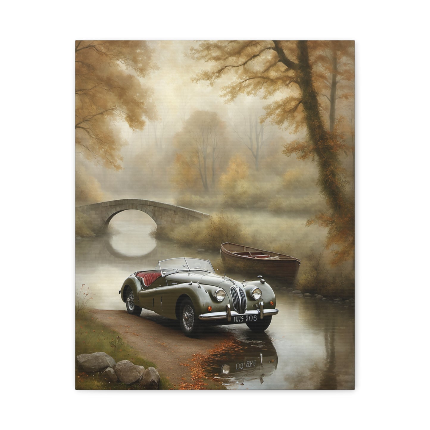 Vintage Car Wall Art featuring a classic car by a serene river and bridge in autumn scenery