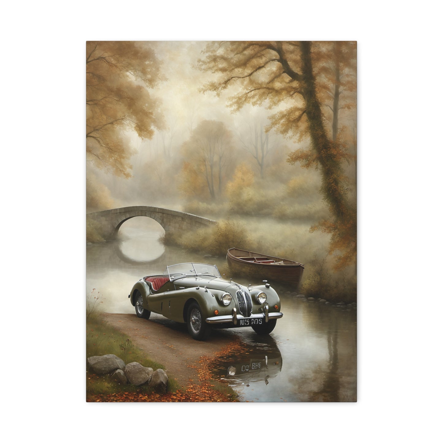 Vintage Car Wall Art featuring a classic car by a serene river with autumn scenery