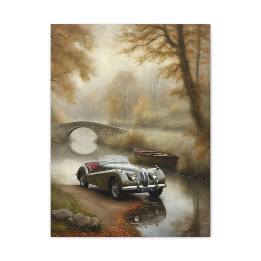 Vintage Car Wall Art featuring a classic car by a serene river with autumn scenery