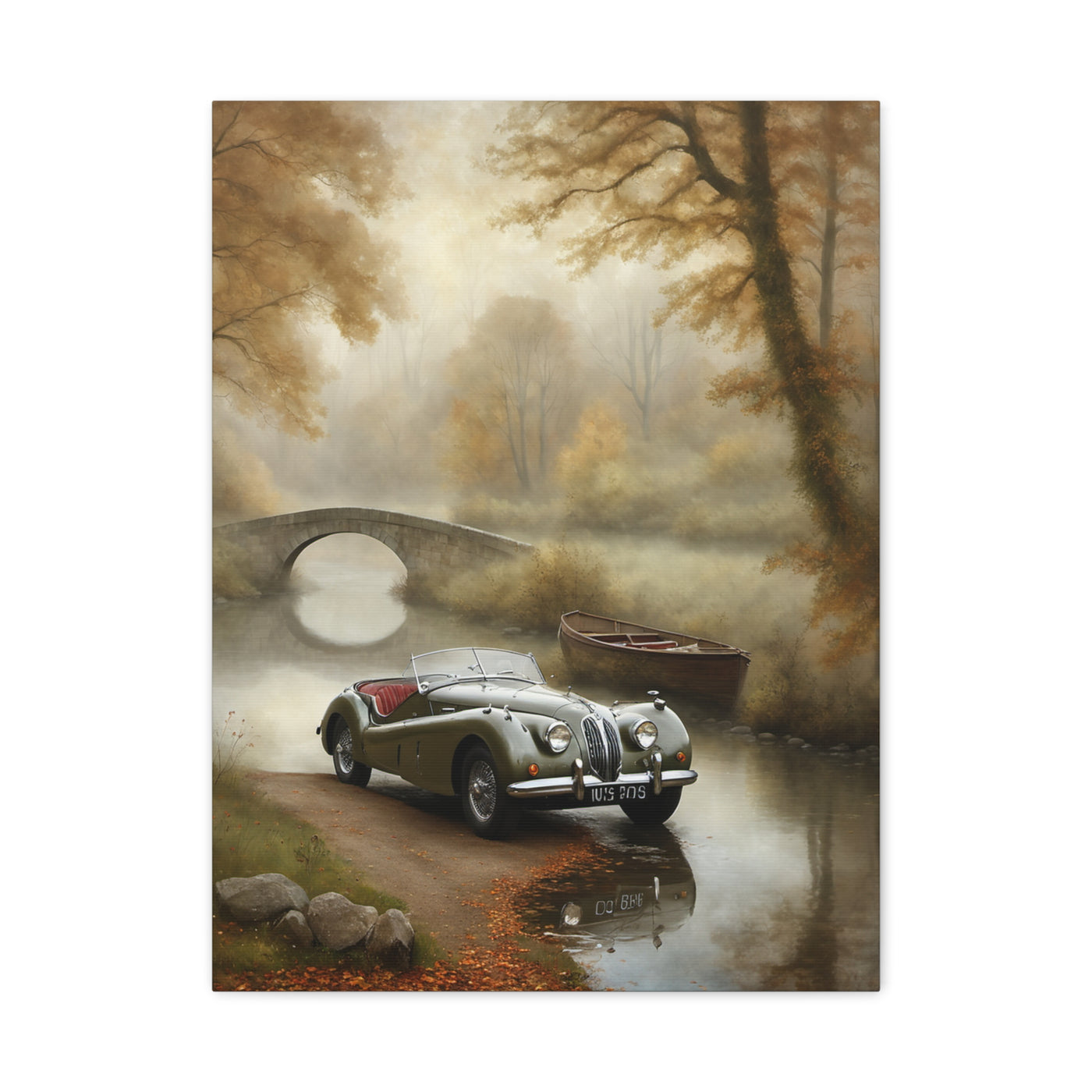 Vintage Car Wall Art featuring a classic car by a serene river with autumn scenery