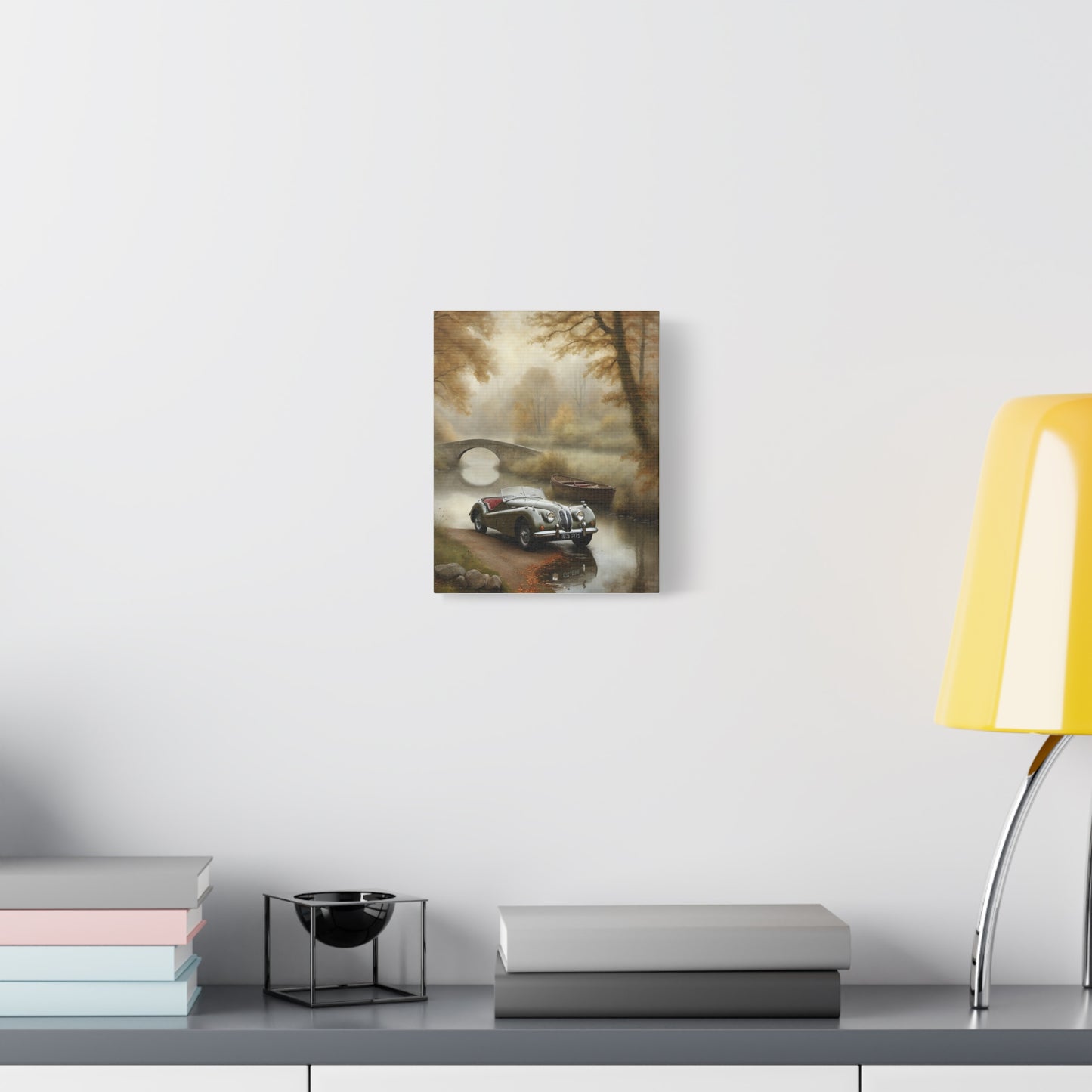 Vintage Car Wall Art on canvas depicting a classic car by a serene river with autumn trees