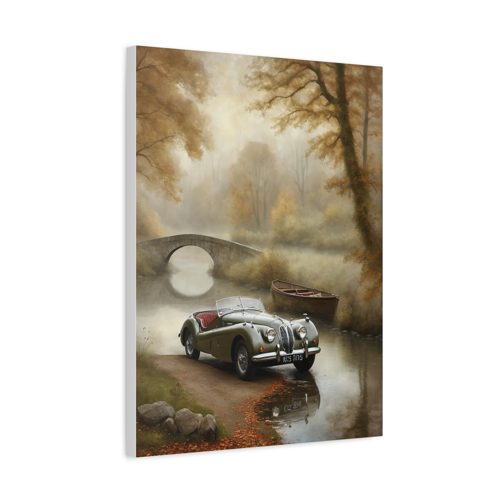 Vintage Car Wall Art featuring a classic car by a serene river in an autumn landscape