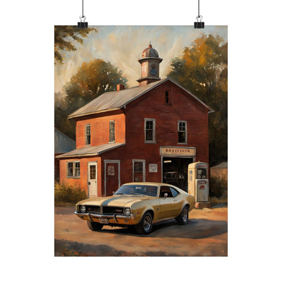 Vintage Car Wall Art featuring a classic car parked in front of a nostalgic red building