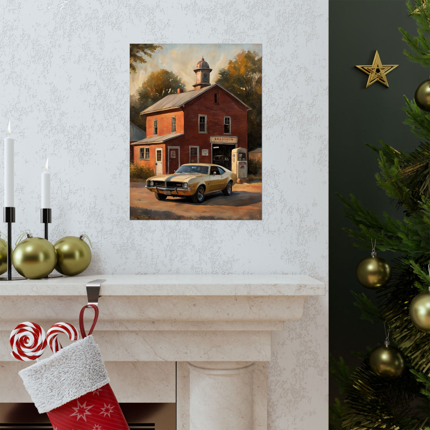 Vintage Car Wall Art featuring a classic yellow car by a red building, perfect for nostalgic decor