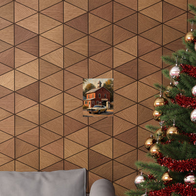 Vintage Car Wall Art poster displayed on geometric wood panel wall in modern living room