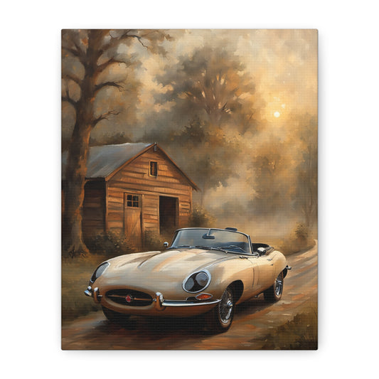 Vintage Car Wall Art featuring a classic convertible parked by a rustic cabin in a serene forest setting
