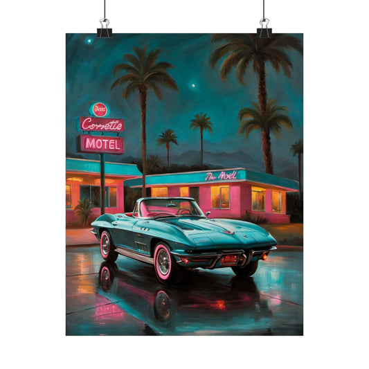 Vintage Car Wall Art featuring a retro Corvette parked near a colorful motel under a starry night