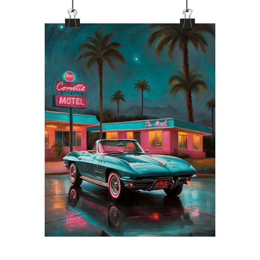 Vintage Car Wall Art featuring a teal Corvette parked near a retro motel under palm trees