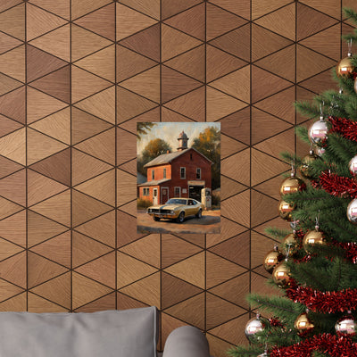 Vintage Car Wall Art featuring a classic car near a rustic gas station on a wooden wall