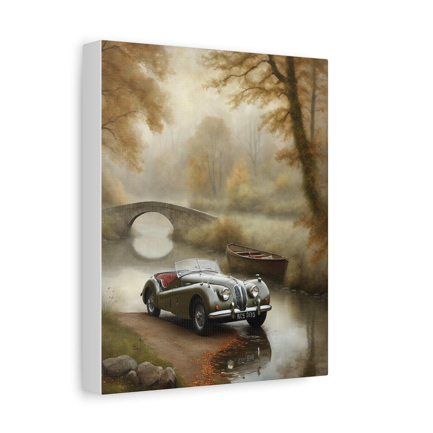Vintage Car Wall Art featuring a classic car by a serene bridge and autumn scenery