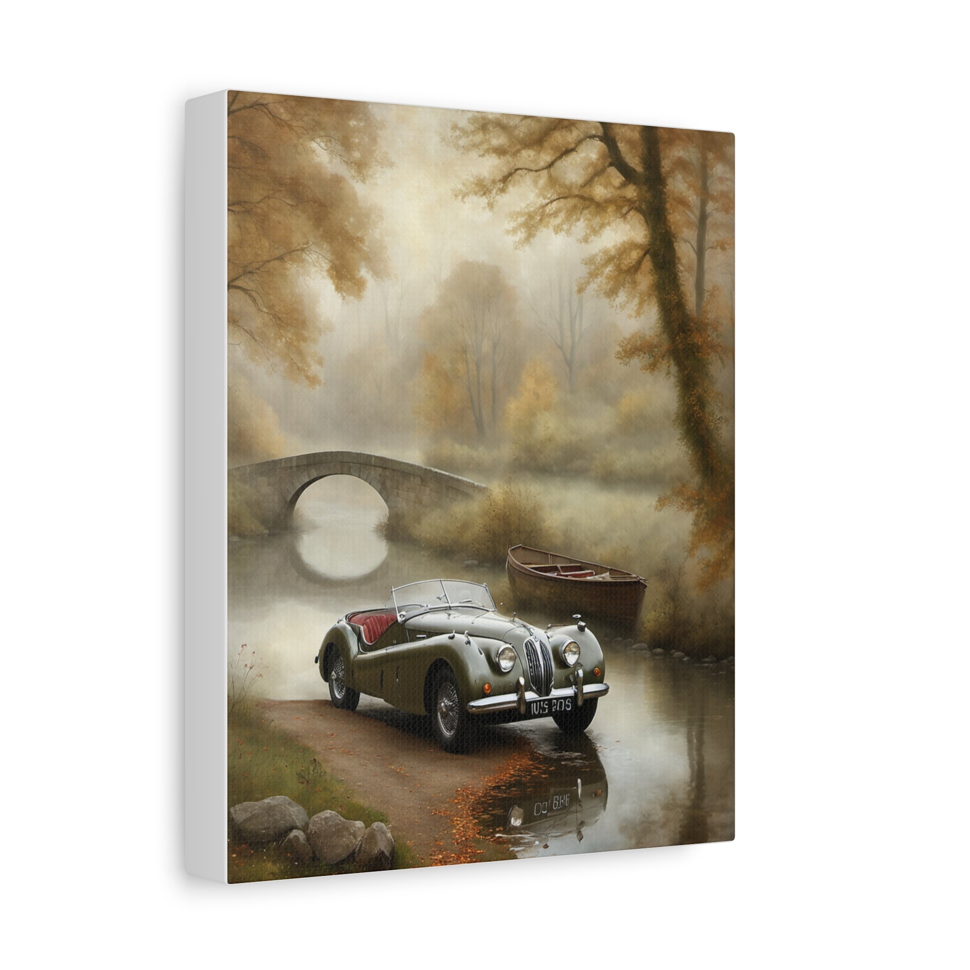 Vintage Car Wall Art featuring a classic car by a serene bridge and autumn scenery
