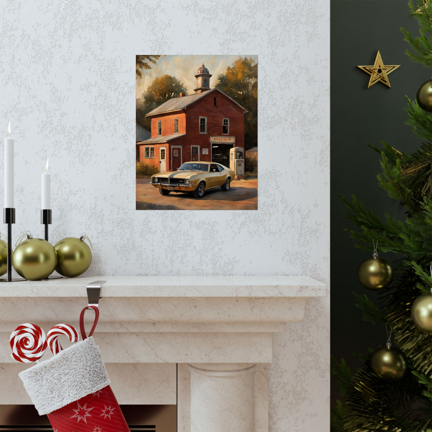 Vintage Car Wall Art featuring a classic car in front of a red barn on a stylish wall decor