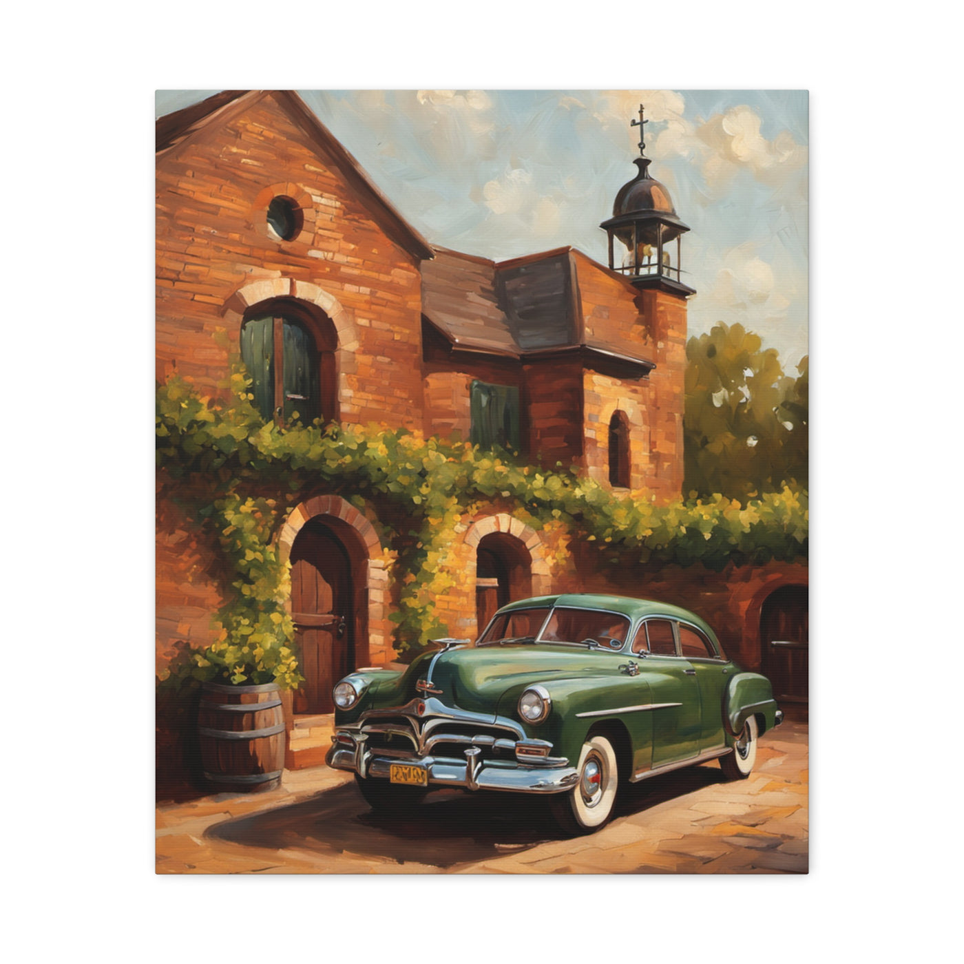 Vintage car wall art featuring a classic green car parked in front of a rustic brick building