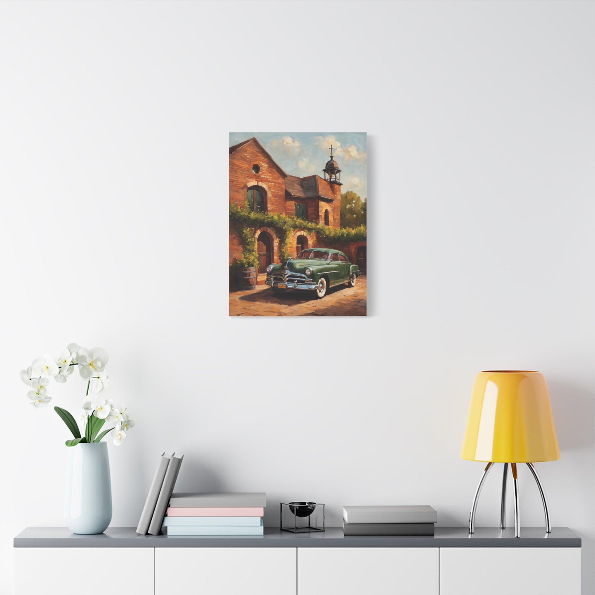Vintage car wall art featuring a classic car beside a brick building, perfect for home decor