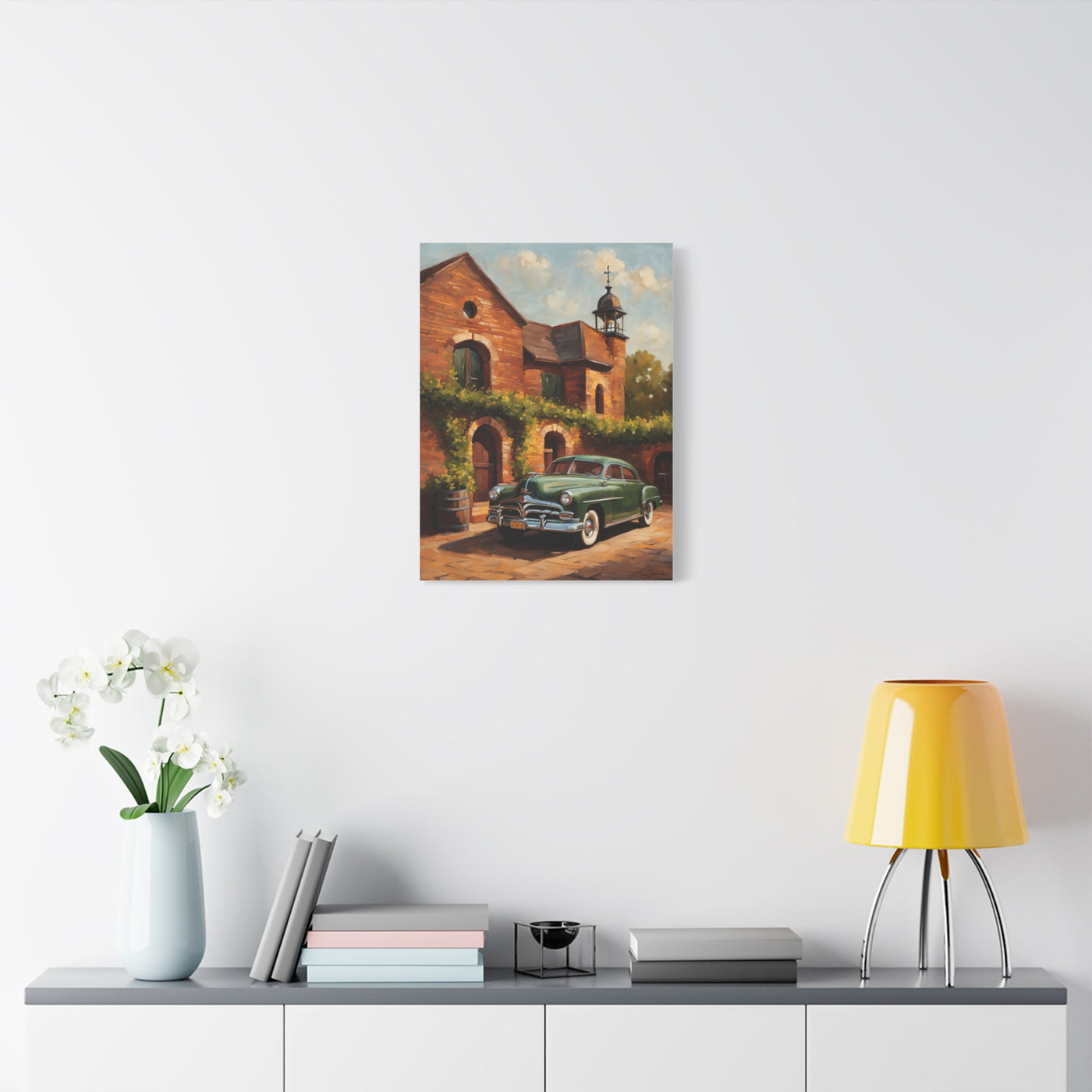 Vintage car wall art featuring a classic car beside a brick building, perfect for home decor