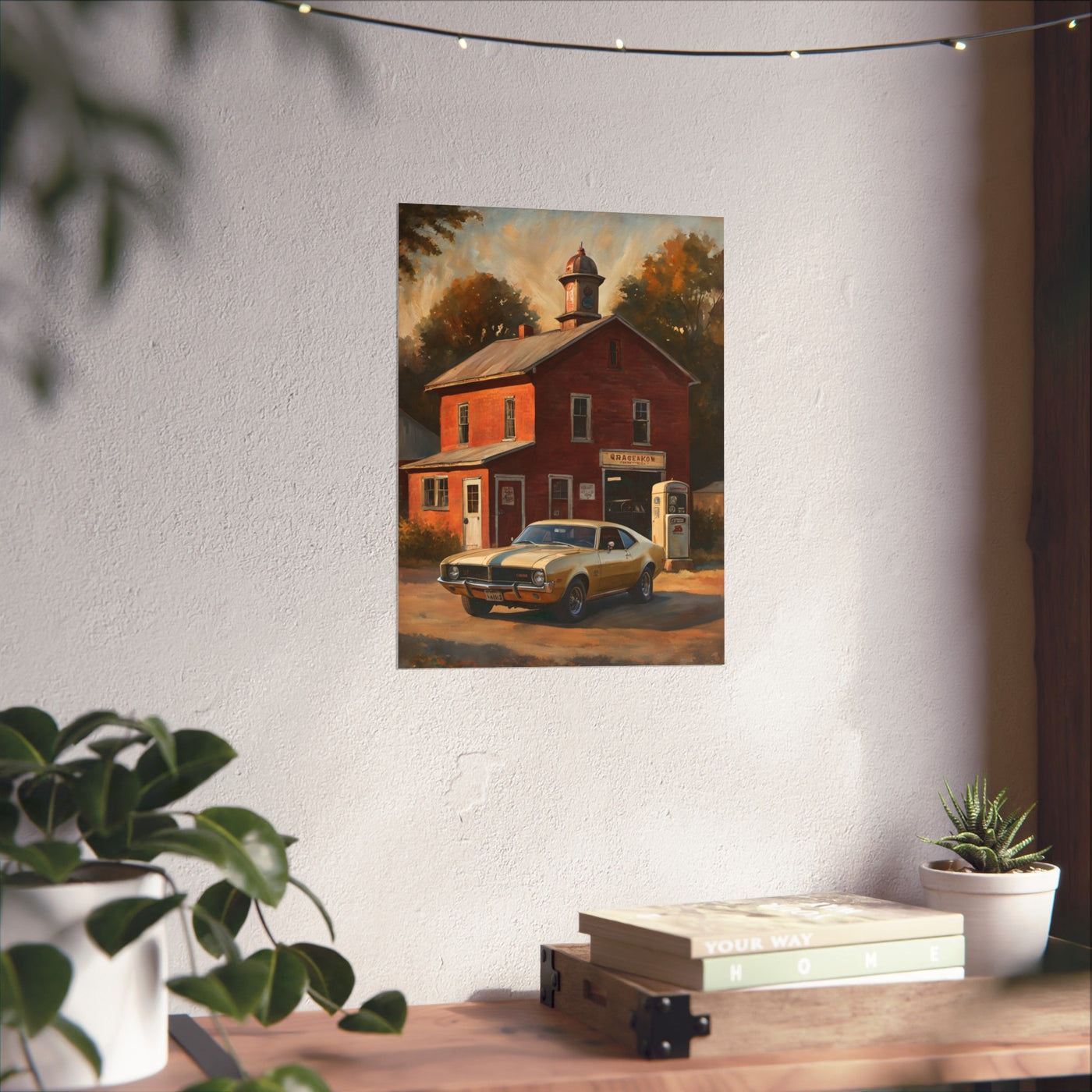 Vintage Car Wall Art featuring a classic car in front of a red building on a serene backdrop
