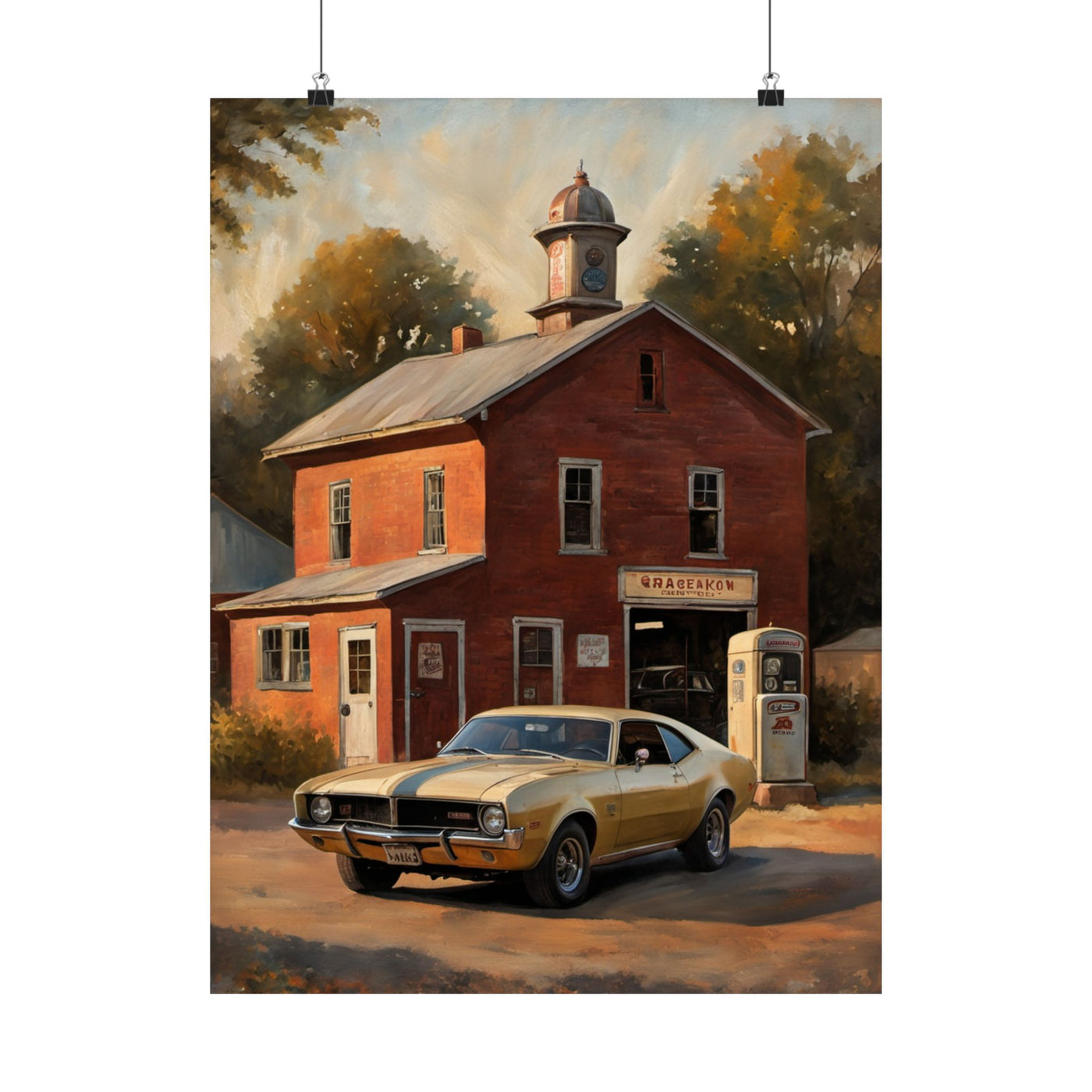 Vintage Car Wall Art featuring a classic yellow car at a rustic gas station with a historic building