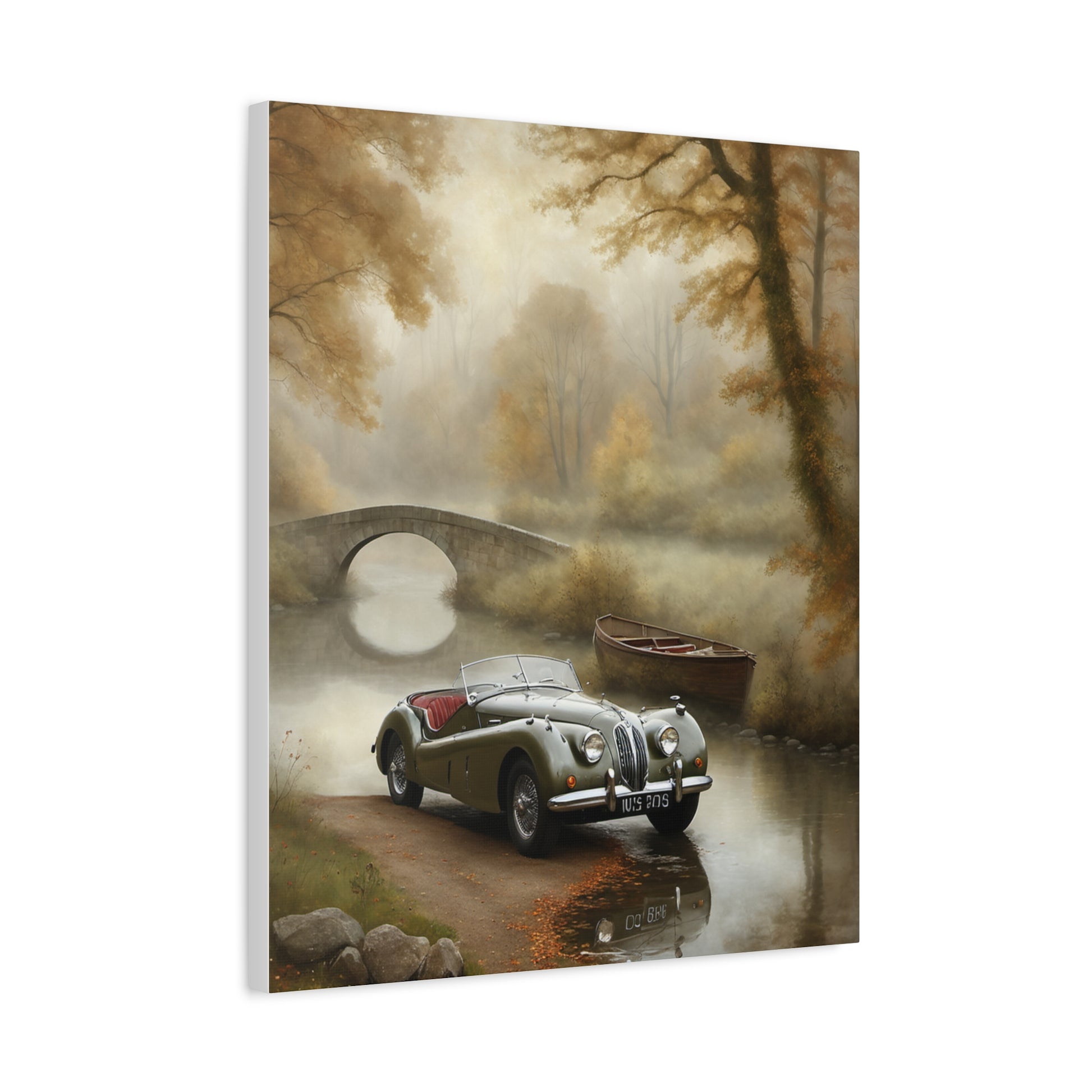 Vintage Car Wall Art featuring a classic car near a tranquil river and bridge in autumn scenery