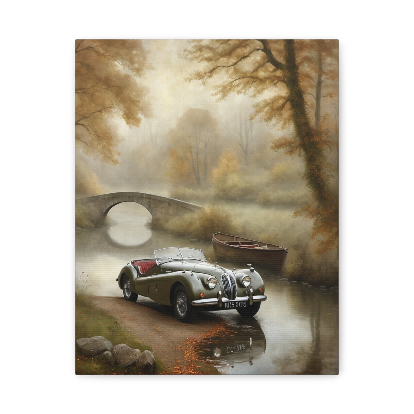 Vintage Car Wall Art featuring a classic car beside a tranquil river and autumn scenery