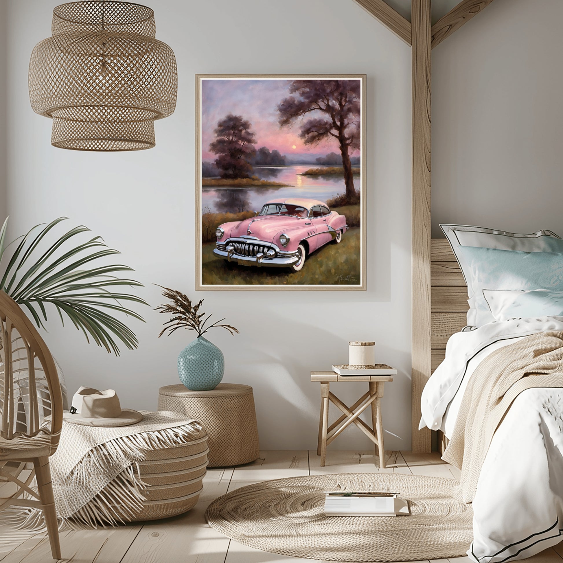 AquilVision vintage car wall art featuring a pink classic car at sunset in a stylish cozy bedroom