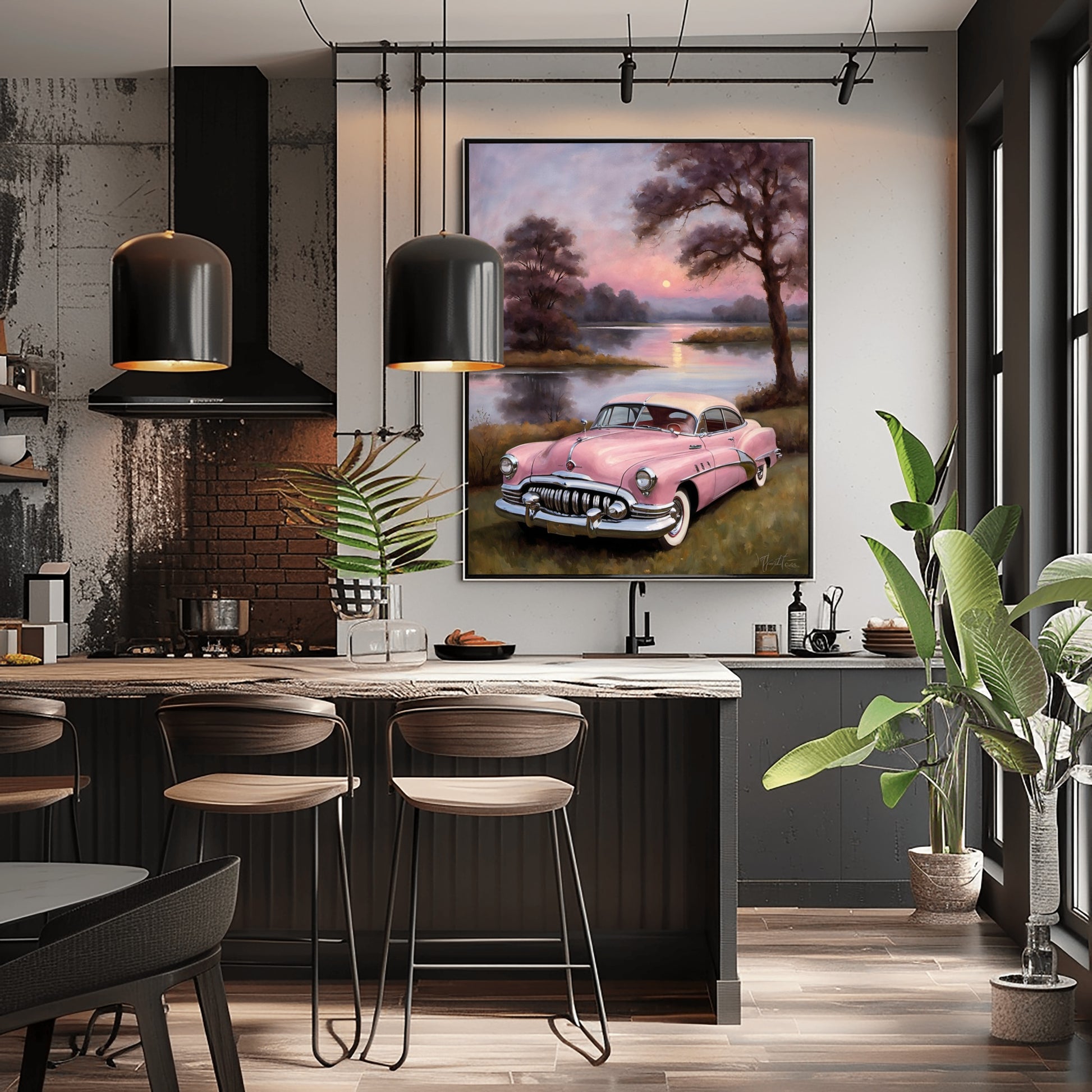 Vintage car wall art featuring a pink classic car by a serene lakeside in a modern kitchen