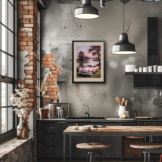 Vintage car wall art featuring a pink classic car in a scenic outdoor setting hung in a modern industrial kitchen