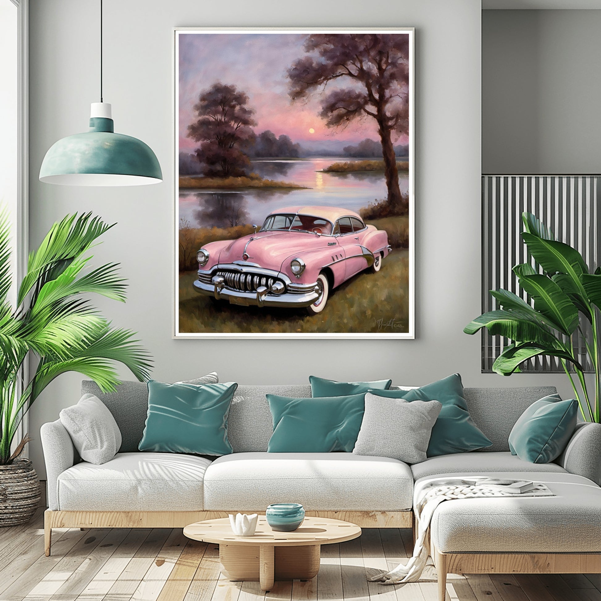 vintage car wall art featuring a pink classic car by a peaceful lake at sunset hanging above a modern living room sofa