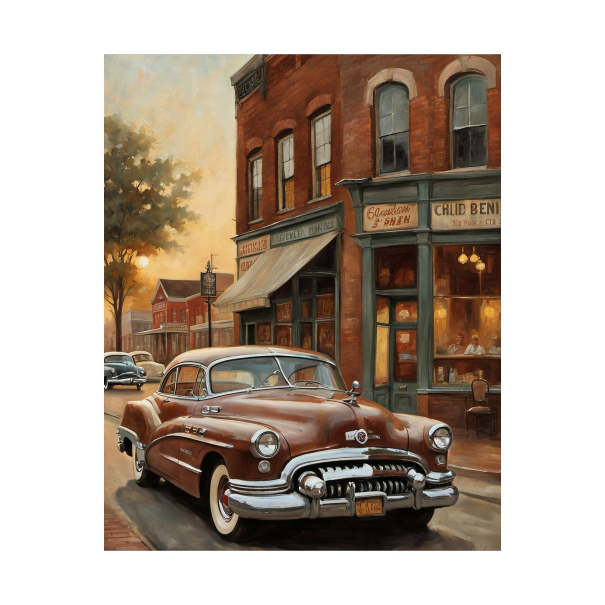 Vintage Car Wall Art Poster featuring a classic car parked on a street with historic buildings
