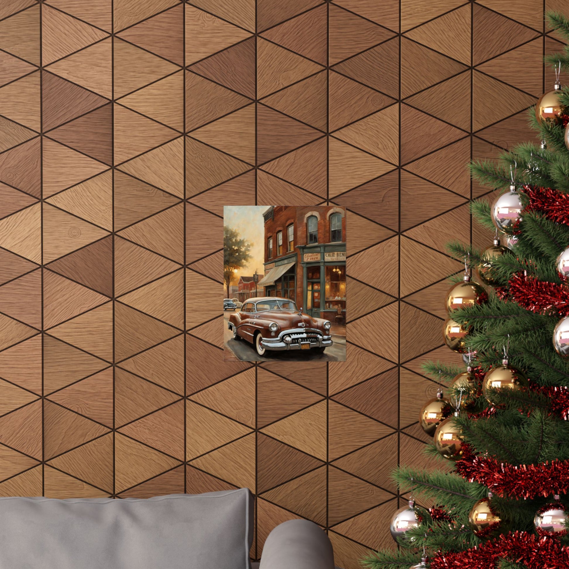 Vintage Car Wall Art Poster displayed on a textured brown wall with a Christmas tree nearby