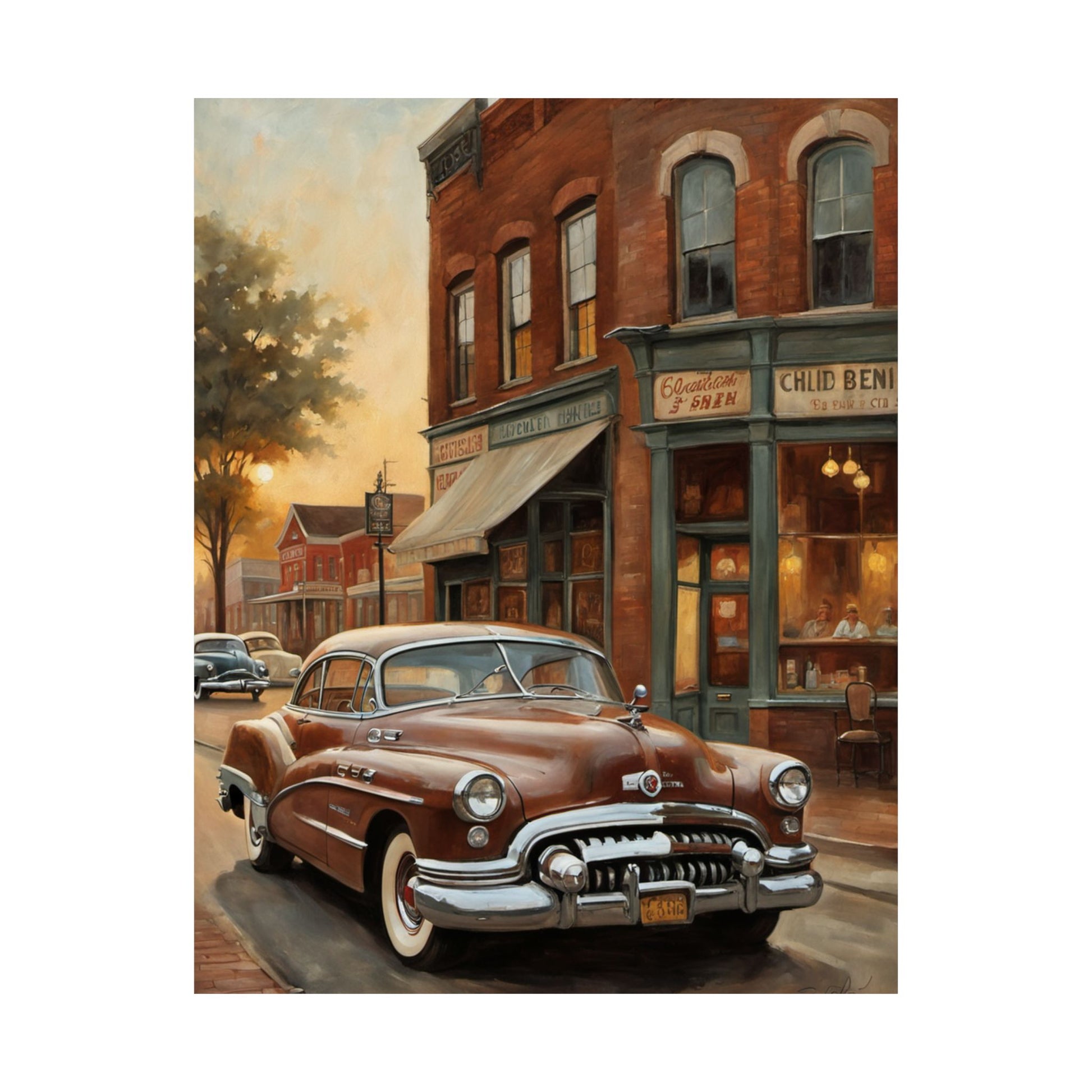 Vintage Car Wall Art Poster featuring a classic brown car parked in a nostalgic city scene