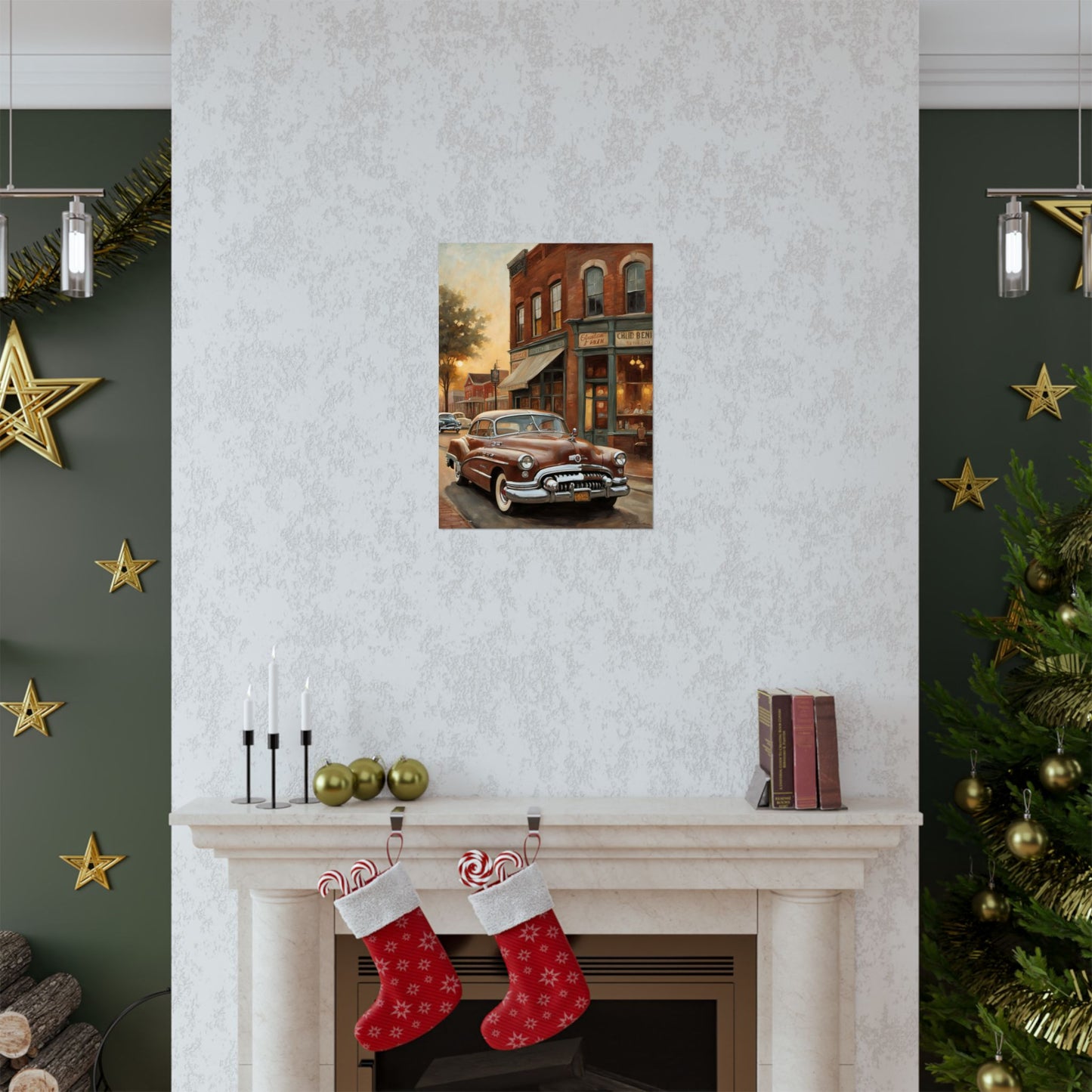Vintage Car Wall Art Poster displayed above a cozy fireplace in a festive living room