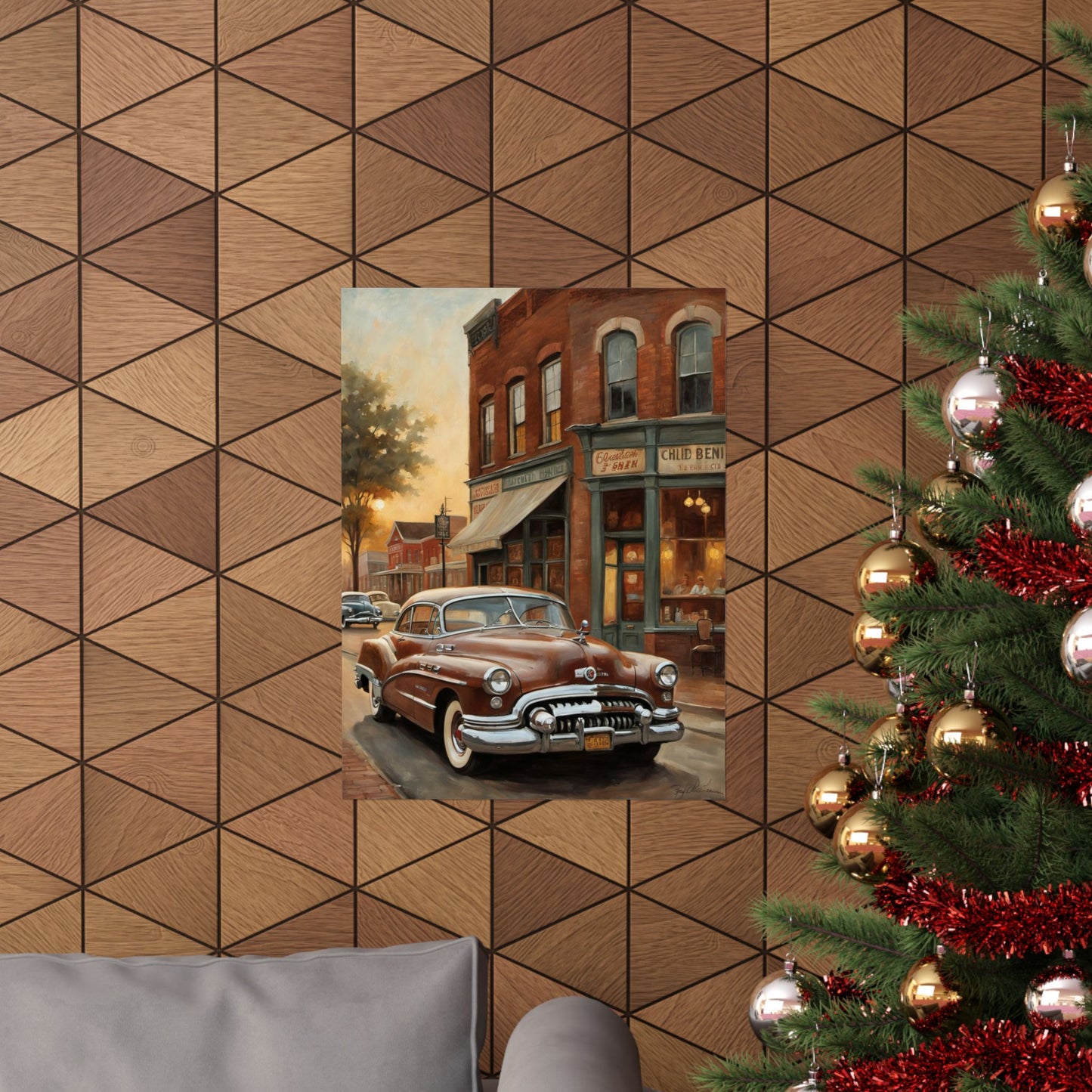 Vintage Car Wall Art Poster showcasing a classic car in a charming street setting