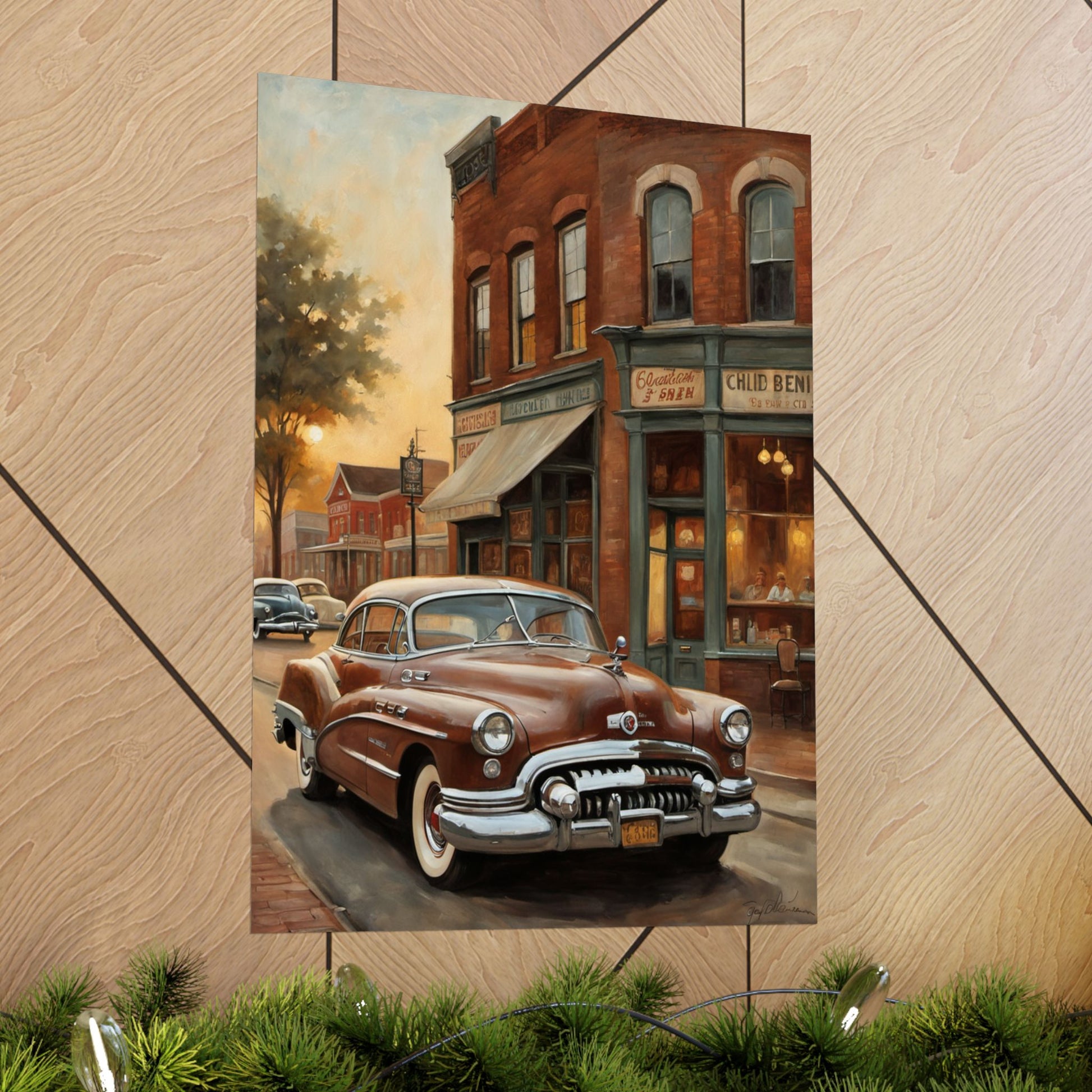 Vintage Car Wall Art Poster featuring a classic car parked in a nostalgic street scene
