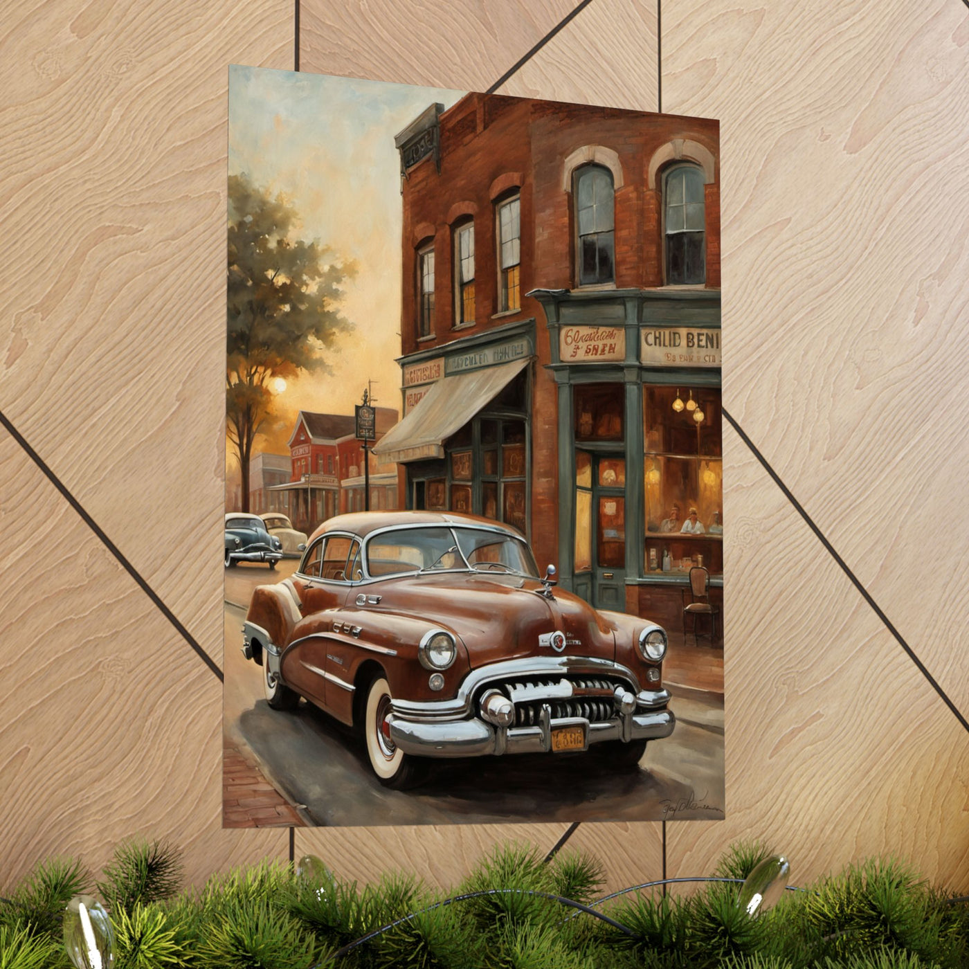 Vintage Car Wall Art Poster featuring a classic car parked in a nostalgic street scene