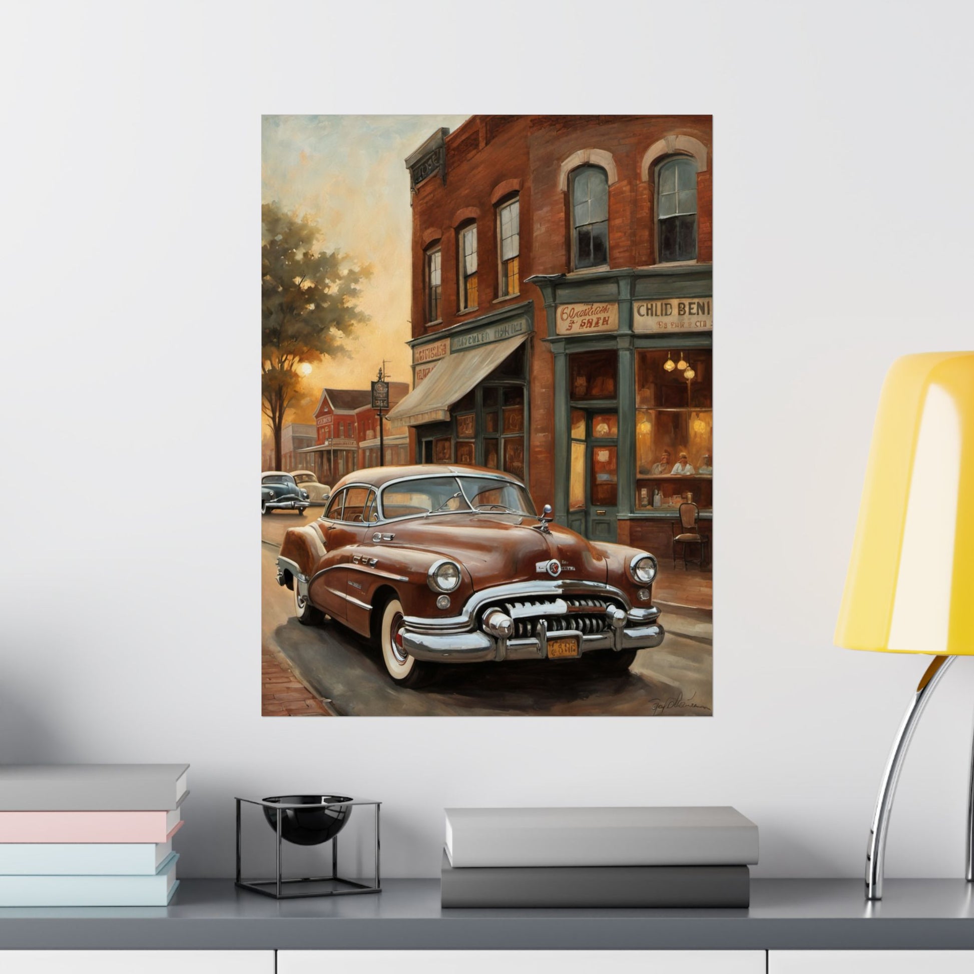 Vintage Car Wall Art Poster featuring a classic car parked in a quaint street scene