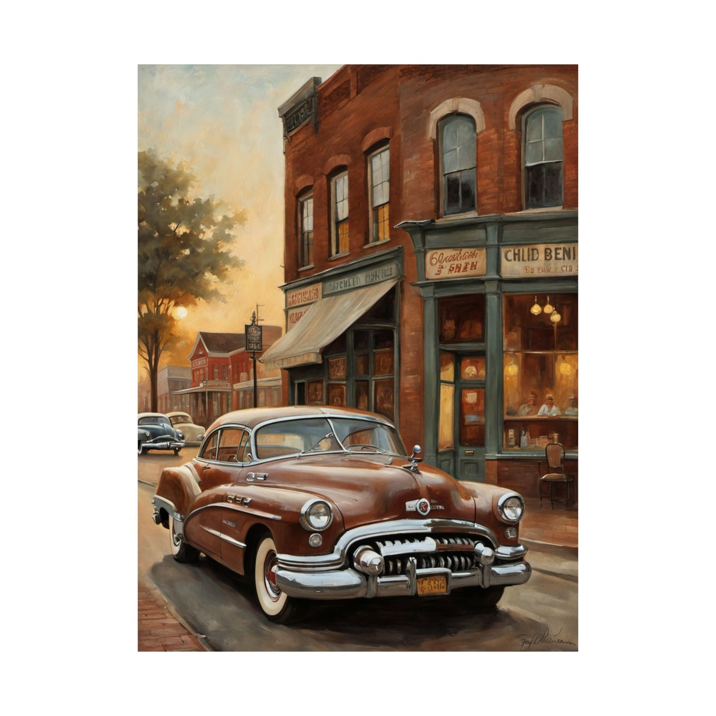 Vintage Car Wall Art Poster featuring a classic brown car parked on a quaint street at sunset
