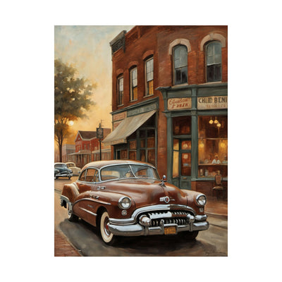 Vintage Car Wall Art Poster featuring a classic brown car parked on a quaint street at sunset