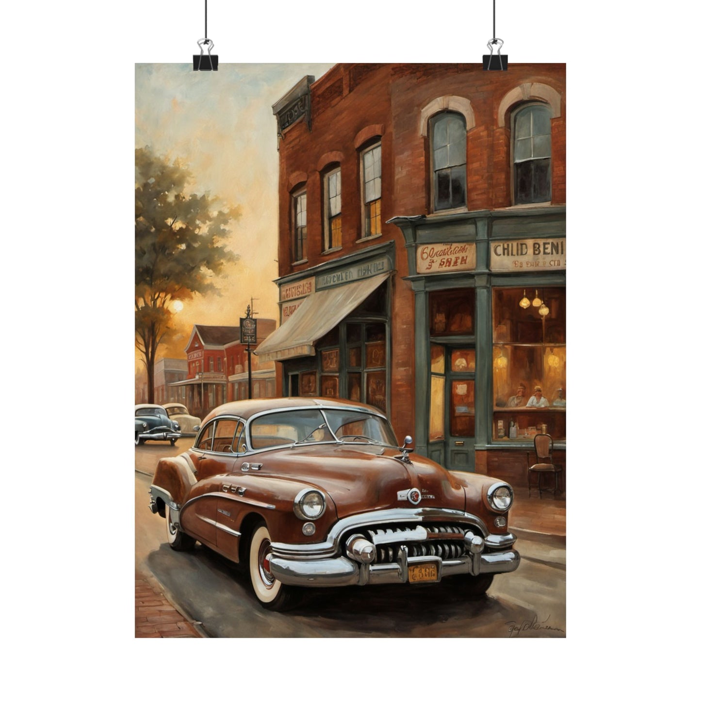 Beautiful Vintage Car Wall Art Poster featuring a classic car on a nostalgic street scene