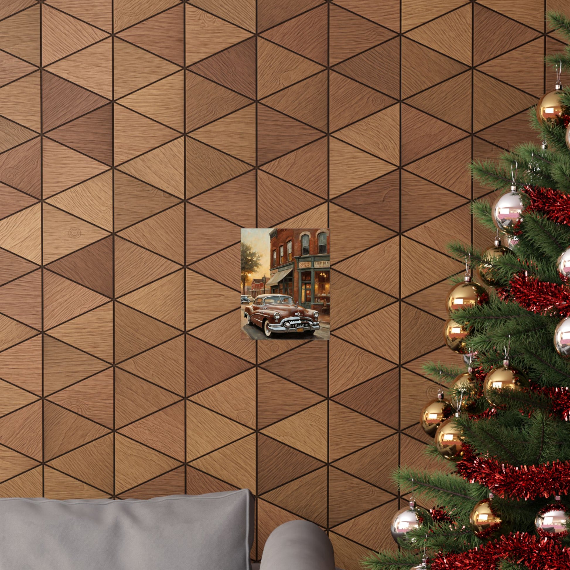 Vintage Car Wall Art Poster displayed on a geometric patterned wall with a Christmas tree