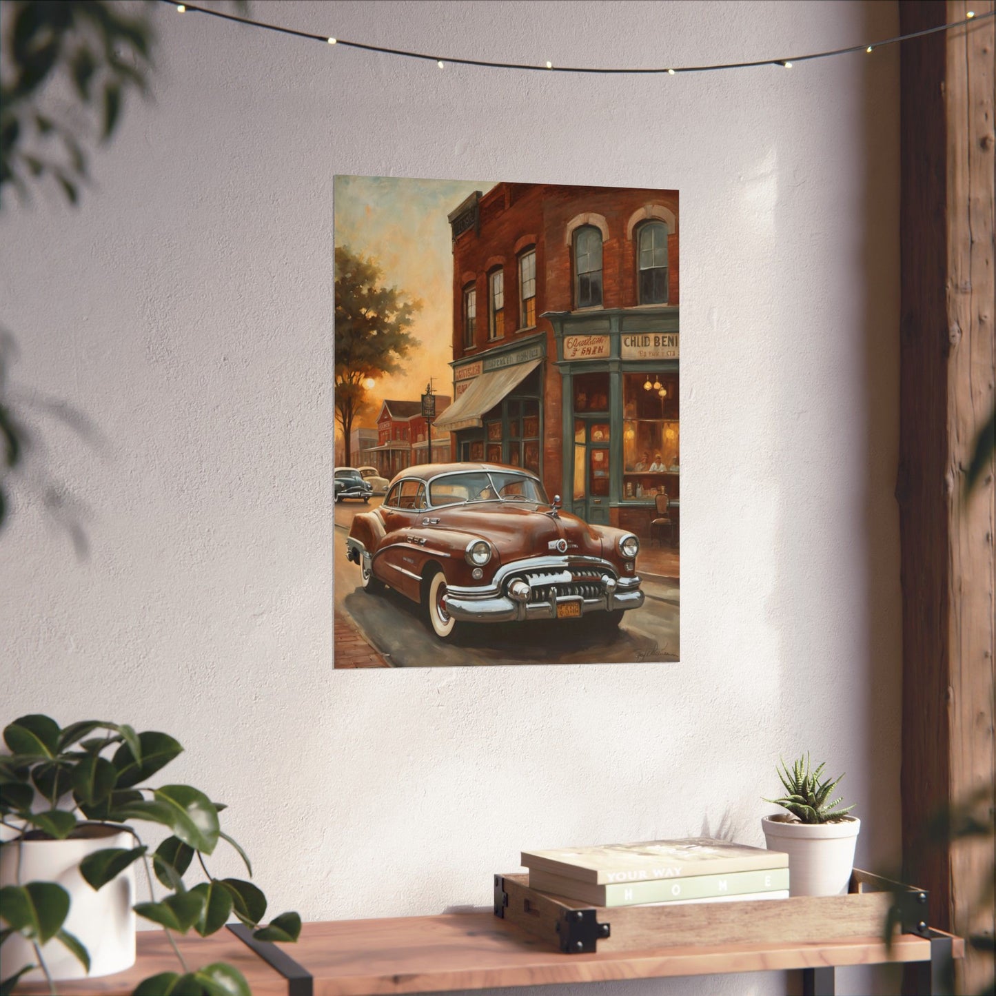 Vintage Car Wall Art Poster featuring a classic car on a city street at sunset