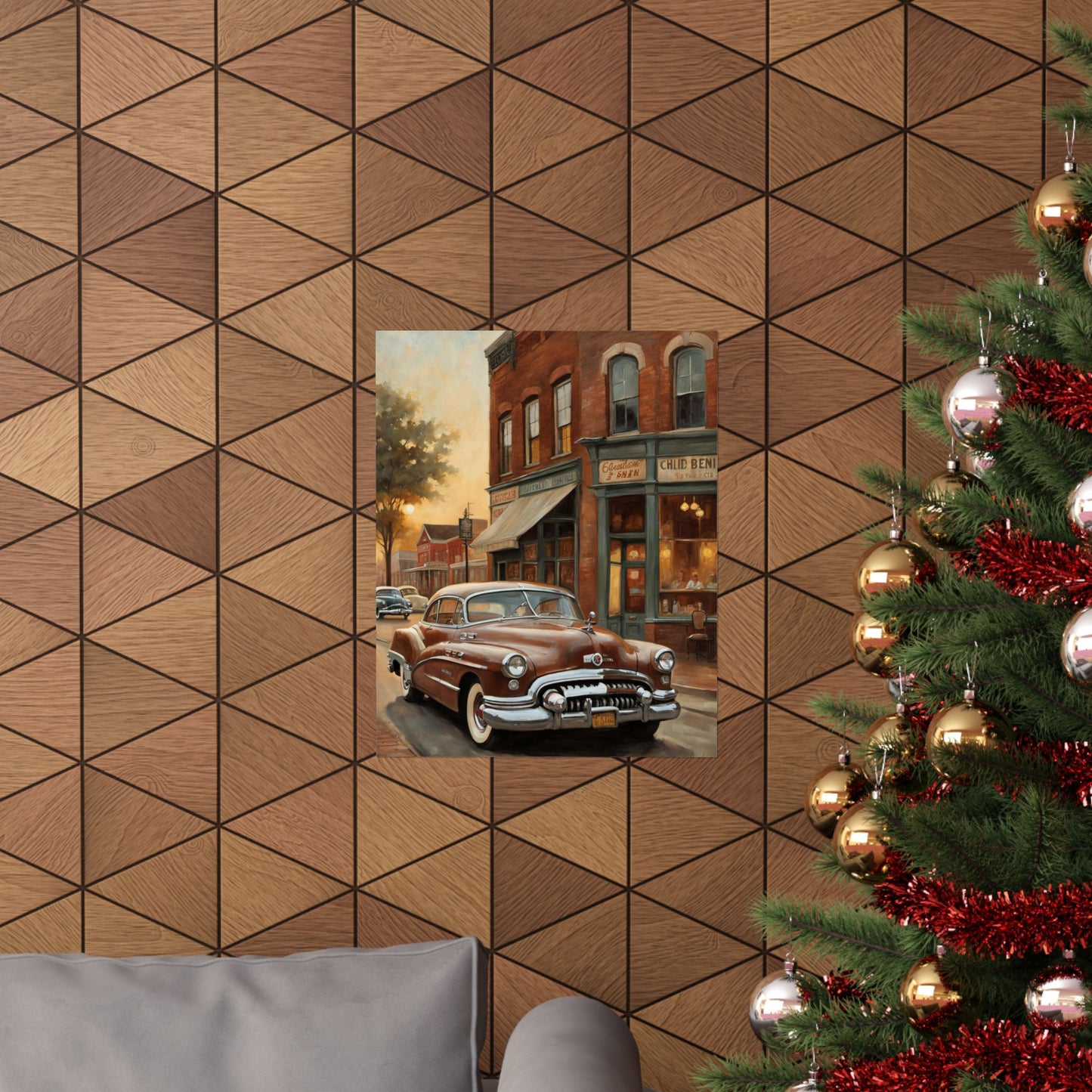Vintage Car Wall Art Poster featuring a classic car parked in front of a vintage storefront