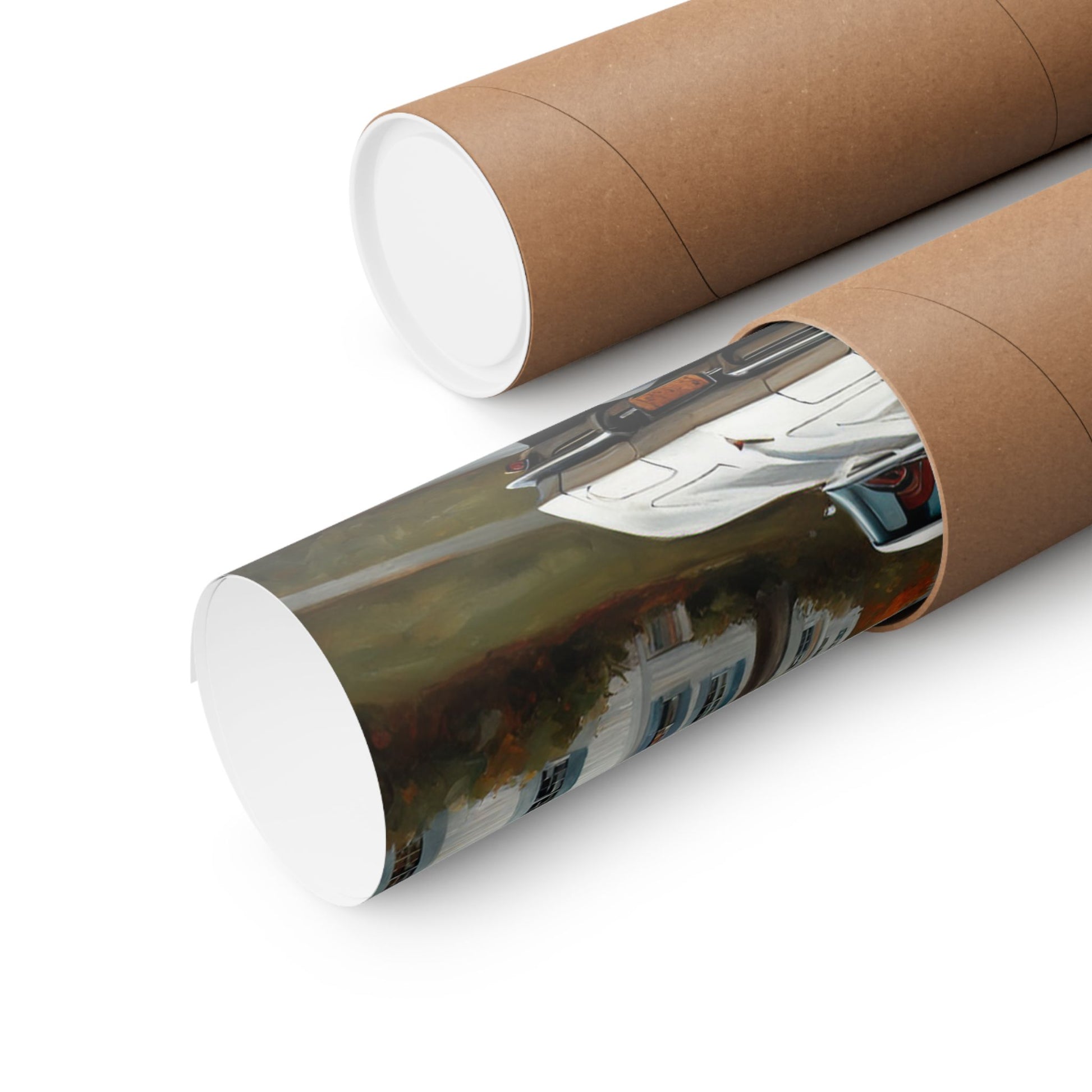 Vintage Car Wall Art rolled up in a brown tube for easy storage and transport