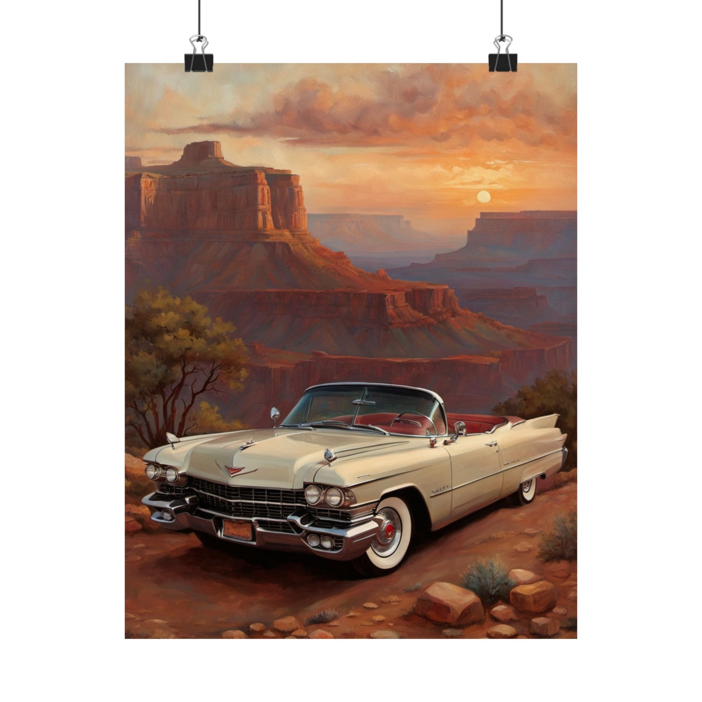 Vintage Car Wall Art Poster featuring a classic Cadillac in a sunset landscape with mountains