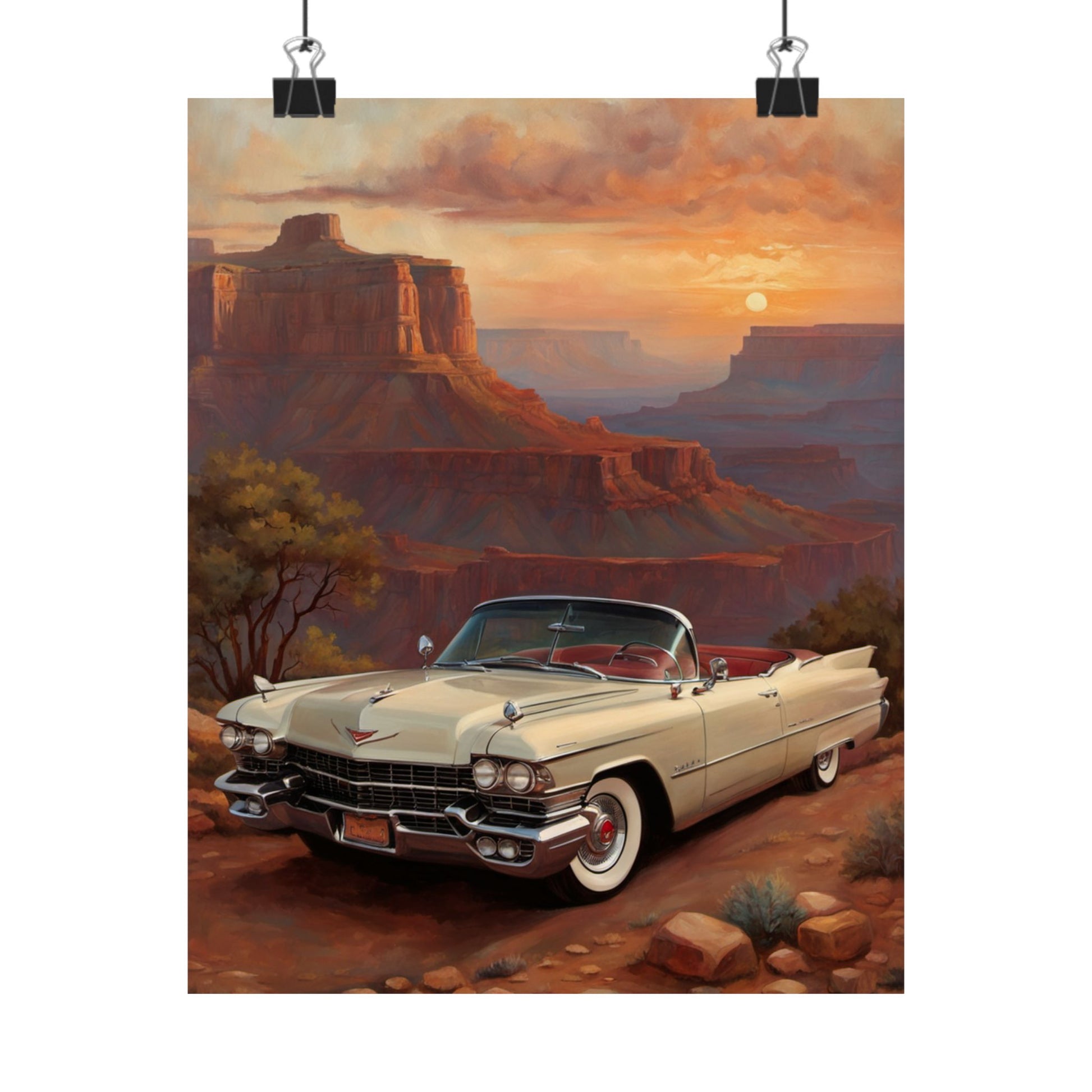 Vintage Car Wall Art Poster featuring a classic car in a scenic desert landscape at sunset