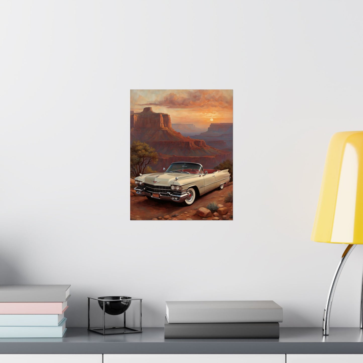 Vintage Car Wall Art Poster featuring a classic car in a scenic desert landscape